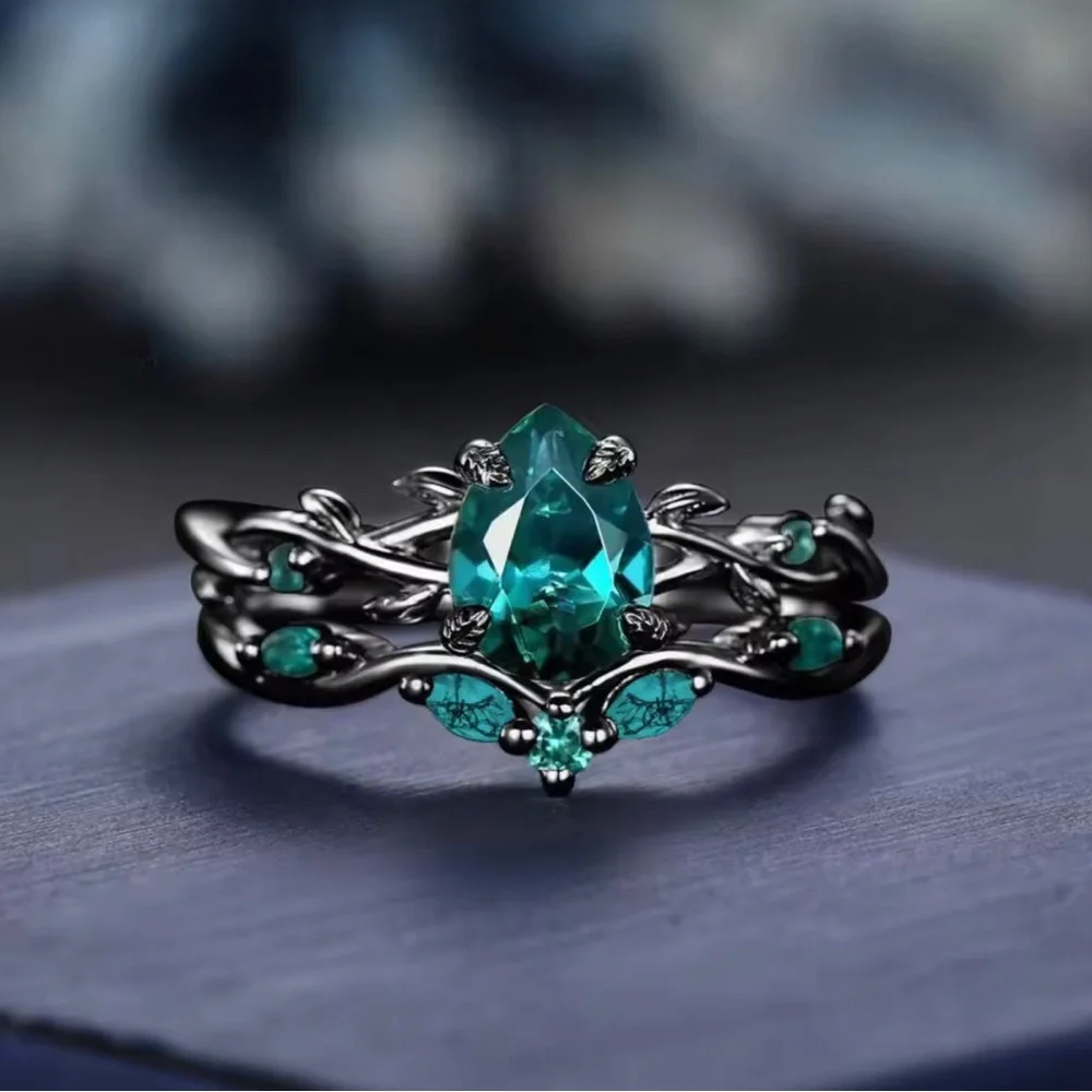 Teal Crystal Leaf Statement Ring Set - Picture 1 of 3